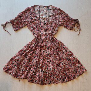 Free People Sz S Button Mini Dress Red Black AOP Floral Laced Up Back Sleeves